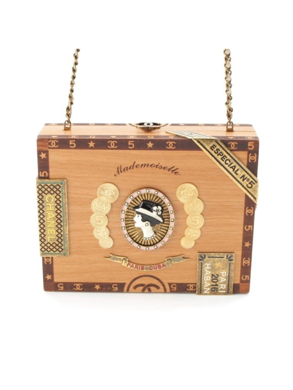 Chanel Cuba Collection Habana Night Cigar Box Wood Icon Chain Shoulder Bag Beige